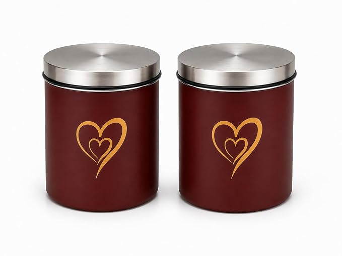 SS Heart Print Epoxy Canister Set of 2, Maroon - 850ml x 2