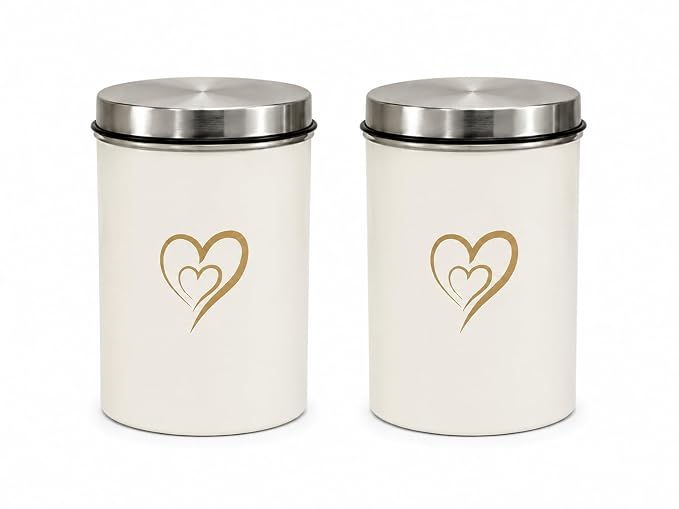 SS Heart Print Epoxy Canister Set of 2, White - 850ml x 2