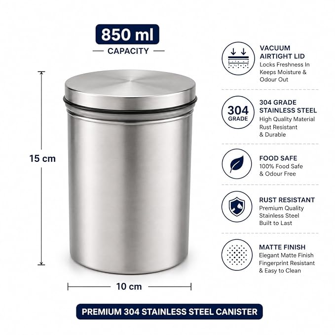 SS Canister Set of 6, Matt Silver - 850ml x 6