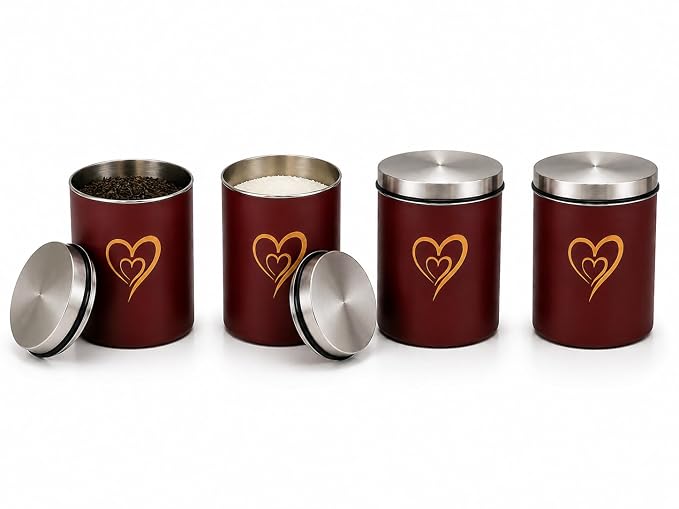 SS Heart Print Epoxy Canister Set of 4, Maroon - 850ml x 4