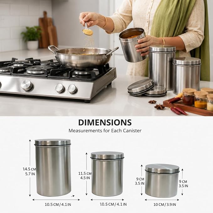 SS Canister Set of 12, Matt Silver - 500ml x4, 650ml x4, 850ml x4