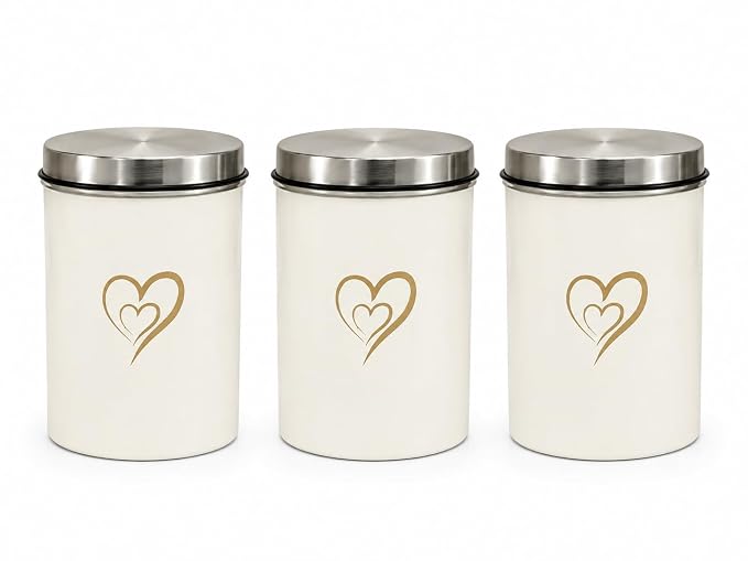 SS Heart Print Epoxy Canister Set of 3, White - 850ml x 3