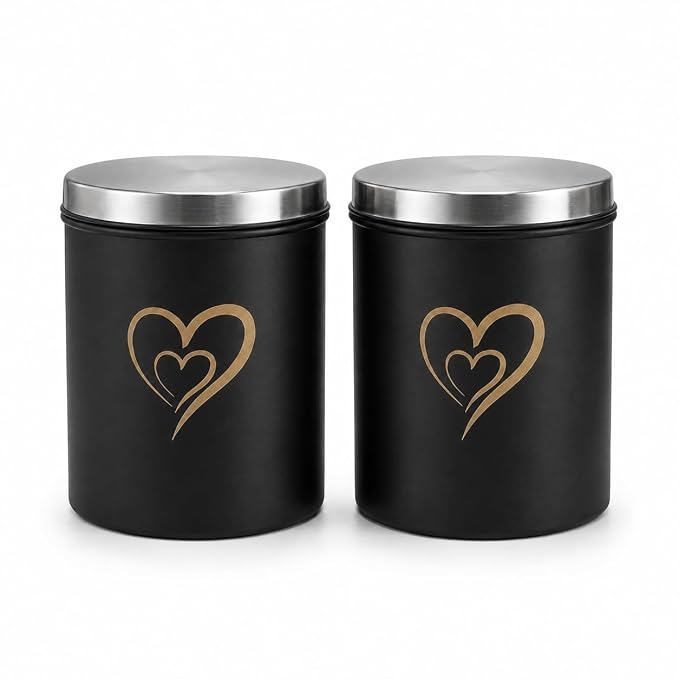 SS Heart Print Epoxy Canister Set of 2, Black - 850ml x 2