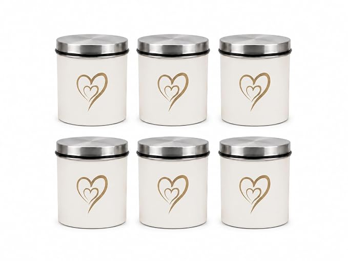 SS Heart Print Epoxy Canister Set of 6, White - 500ml x 6
