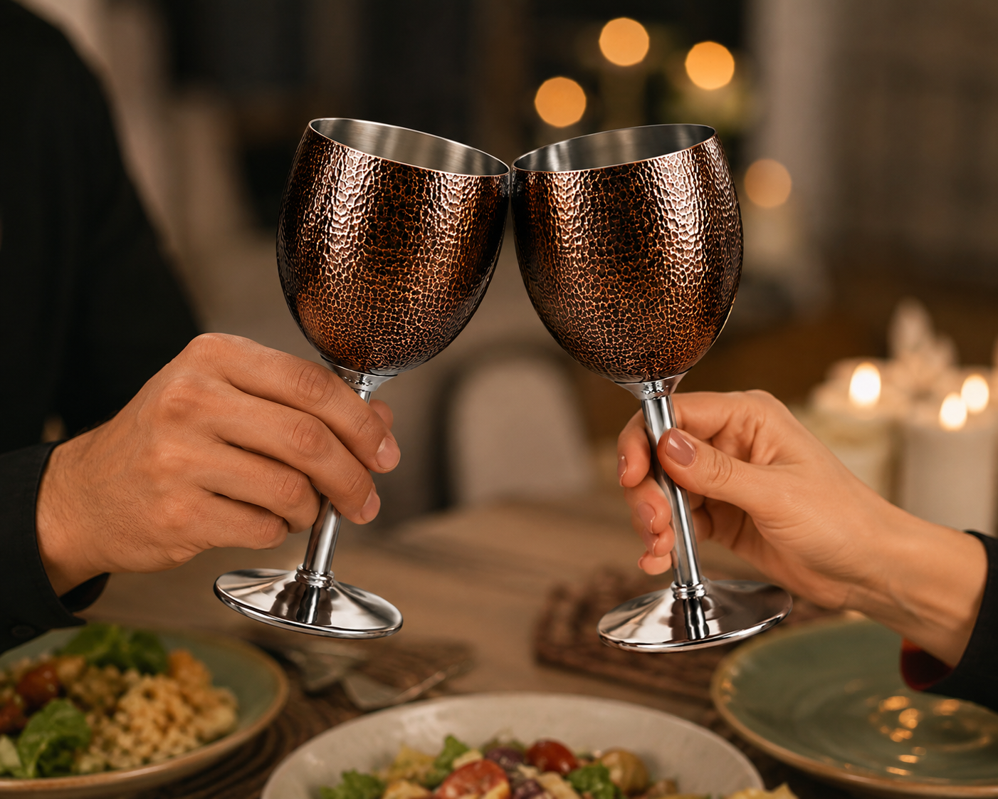Stainless Steel Wine Glasses, Set of 4, Luxurious Hammered Design, Unbreakable Stemmed Metal Goblets, Ideal for Return and Wedding Gifts, 100% Food Grade Steel Goblet, Party Drinkware (Brown)