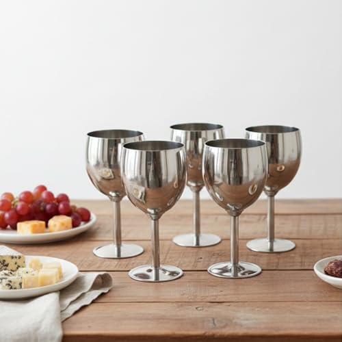 Shatterproof Stainless Steel Goblet Wine Glass Set of 8, Shatterproof, Unbreakable Drinkware for Wine & Cocktails, Return Gift, Falooda Icecream Serving Glass, Thick and Sturdy (250ml Each) (Silver)