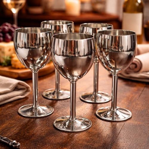 Shatterproof Stainless Steel Goblet Wine Glass Set of 8, Shatterproof, Unbreakable Drinkware for Wine & Cocktails, Return Gift, Falooda Icecream Serving Glass, Thick and Sturdy (250ml Each) (Silver)