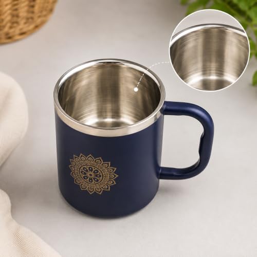 Stainless Steel Double Wall Tea Cup Set (4 Pieces), 250ml each, Durable Steel, Leak Proof Cups with Handle, Ideal for Tea, Coffee & Daily Use(Blue)