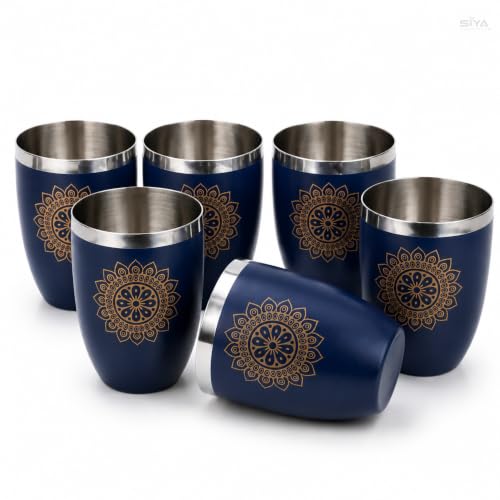 Stainless Steel Glass Set Blue (250ml x6pcs) Premium Scratch Proof, Mandala Chakra Printed Glass Set, Steel Glass Set, Ideal for Hot & Cold Drink, Anniversary & Wedding Gift, Housewarming Gift (Blue)