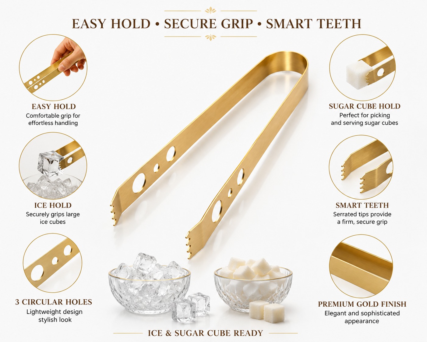 Stainless Steel Golden Ice Tong (Pack of 2) for Ice Cubes, Sugar, Snacks & Buffet Serving | Heavy Duty Anti-Slip Ice Cube Tongs for Kitchen, Bar, Party & Cocktail Accessories