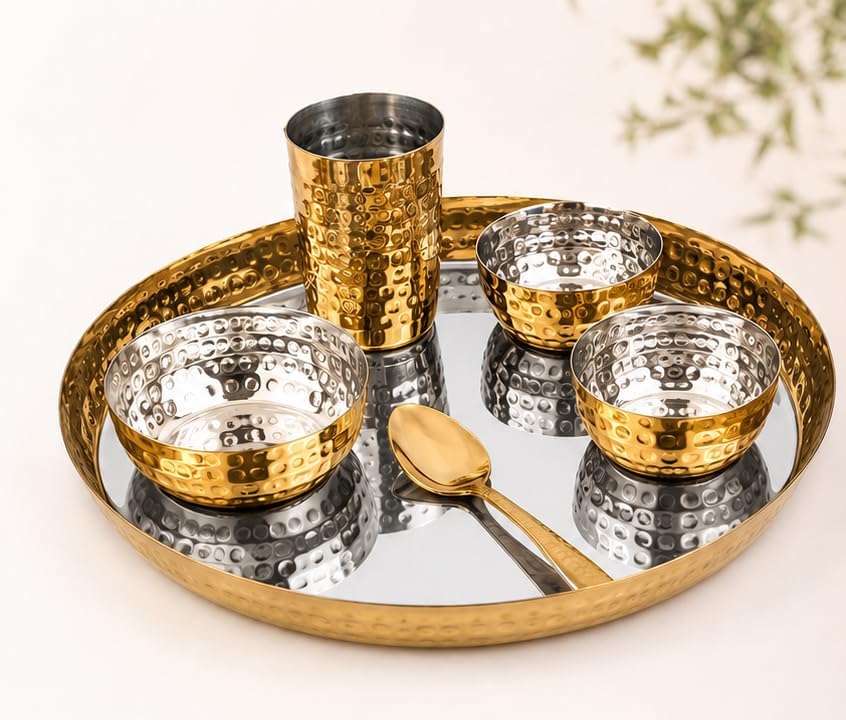 Stainless Steel Golden Colour Hammered Thali Set of (6 Pcs Set) (1Thali, 2Bowls, 1Broad Bowl, 1Glass, 1Spoon), Elegant PVD Gold Coating, Premium gifting idea, Dishwasher Safe, Golden Thali Set, Wedding Gift, Housewarming Gift