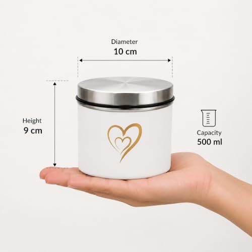 Multipurpose Stainless Steel Airtight Storage Canister Set, Epoxy Coated, Dishwash Safe, Heart Print Kitchen Storage Containers, Return Gift, Housewarming Gift, 500ml x 4pcs, Ivory