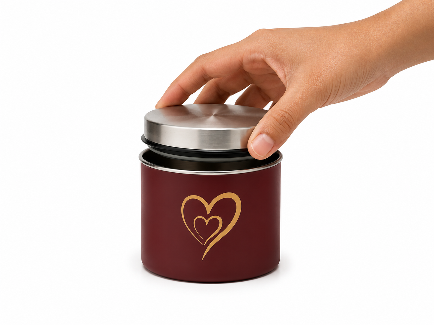 Multipurpose Stainless Steel Airtight Storage Canister Set, Epoxy Coated, Dishwash Safe, Heart Print Kitchen Storage Containers, Return Gift, Housewarming Gift, 500ml x 2pcs, Maroon