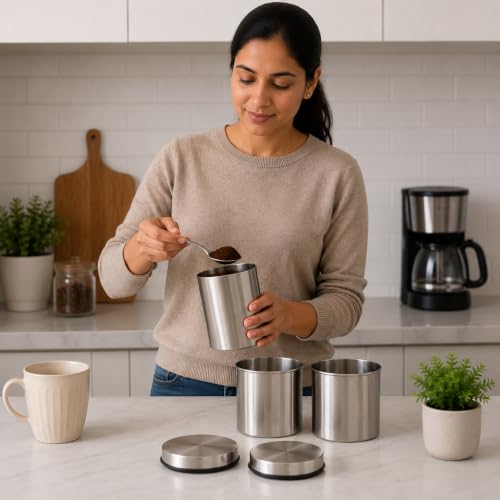 Airtight Stainless Steel Vacuum Kitchen Storage Canister Set, Kitchen Storage Container, Set of 3, 650 ml each, Ideal for any type of kitchen