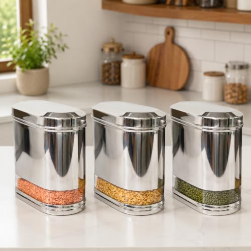 Stainless Steel See-through Containers for kitchen, Iconic Capsule Shape, Multipurpose Food Storage Jar, 2000ml x 3pcs
