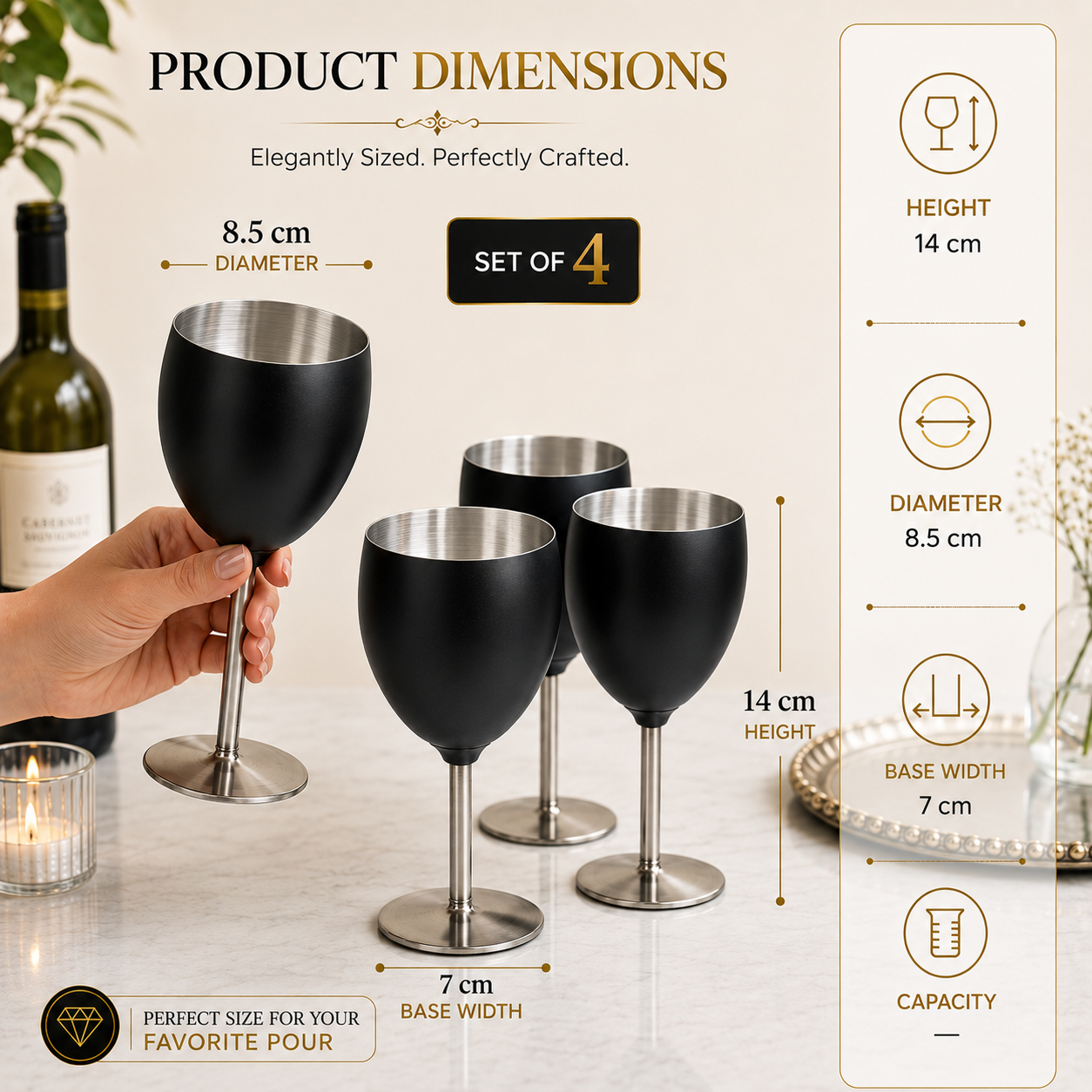 Stainless Steel Wine Glasses, Set of 4, Luxurious Matt Black, Unbreakable Stemmed Metal Goblets, Ideal for Return and Wedding Gifts, 100% Food Grade Steel Goblet, Party Drinkware (Black)