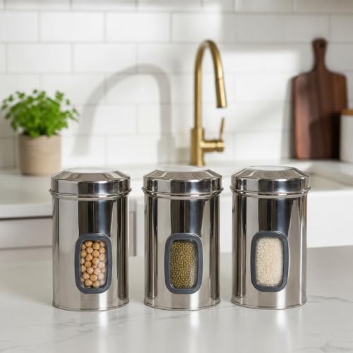 Stainless Steel Window Containers for kitchen, Iconic Capsule Shape, Multipurpose Food Storage Jar, 1500ml x 3pcs
