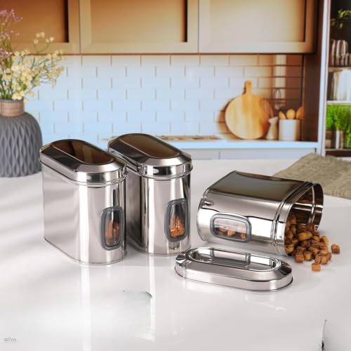 Stainless Steel Window Containers for kitchen, Iconic Capsule Shape, Multipurpose Food Storage Jar, 2000ml x 3pcs