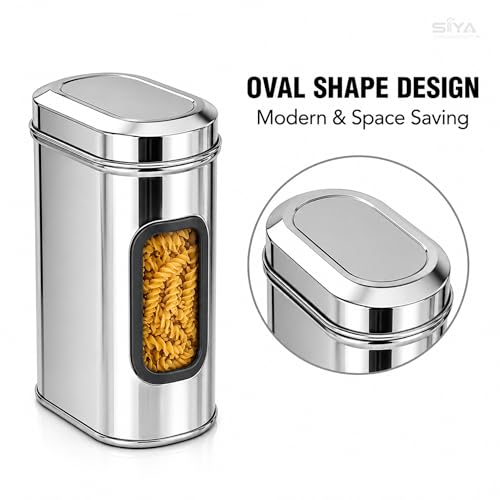 Stainless Steel Window Containers for kitchen, Iconic Capsule Shape, Multipurpose Food Storage Jar, 2000ml x 3pcs