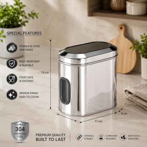 Stainless Steel Window Containers for kitchen, Iconic Capsule Shape, Multipurpose Food Storage Jar, 2000ml x 2pcs