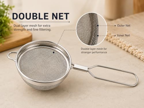 Stainless Steel Double Net Tea Strainer (Size 9cm), Stainless Steel Tea Strainer,Heavy Duty Chalani, Coffee Strainer, Tea Filter Stainless Steel, Fine Mesh x1pc