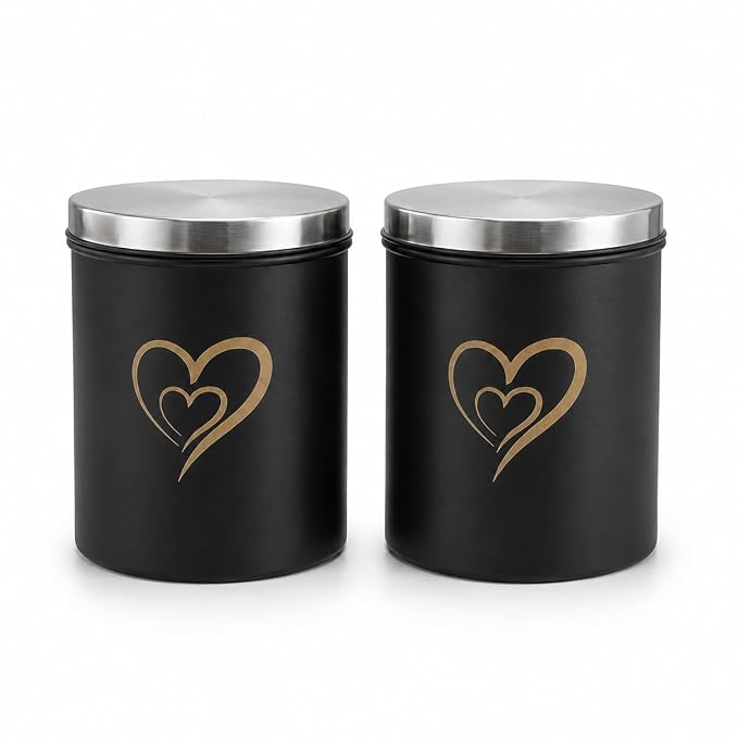 SS Heart Print Epoxy Canister Set of 2, Black - 650ml x 2