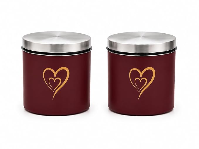 SS Heart Print Epoxy Canister Set of 2, Maroon - 500ml x 2