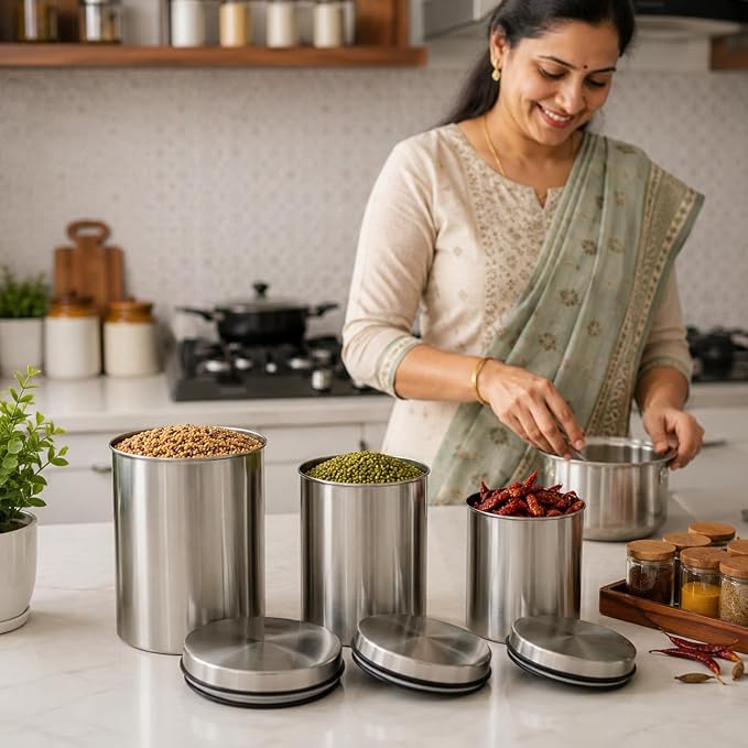 SS Canister Set of 3, Matt Silver - 500ml, 650ml, 850ml